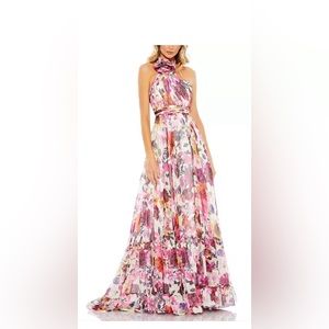 Mac Duggal Asymmetrical Ruffled A-Line Halter Neck Rosette Sleeveless Gown SZ 14